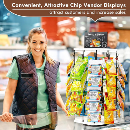 Pinzoveco Chip Rack Display Stand, 5 Tiers 40 Clips Snack Organizer for Office Desk, 360° Rotating Wooden Base Chip Holder Candy Display for Concession Stand, Countertop, Party, With Message Board