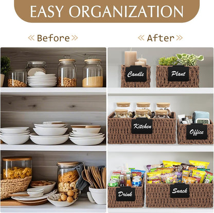 Marsui 6 Pcs Wicker Storage Baskets with Labels Handwoven Multi-size Brown Wicker Storage Bins for Organizing Small Baskets Container for Shelves Closet Pantry Toilet(Brown )