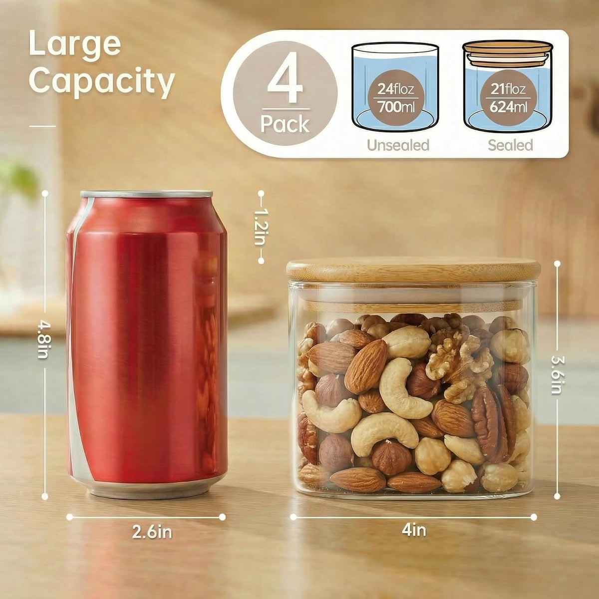Extra Large Square Glass Flour & Sugar Storage Containers with Airtight Lids, 168 floz - Glass Jars with Bamboo Lids for Pantry, Air tight Food Storage Containers for Cereal, Pasta, Rice