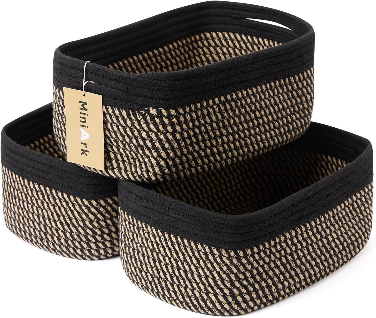 MiniArk Small Storage Baskets for Organizing | Closet Organizer Bins | Shelf Toy Basket | Woven Rope Baskets | Cube Decorative Box | Shallow Basket | L11.5xW7.5xH4.7| Brown
