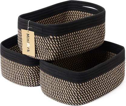 MiniArk Small Storage Baskets for Organizing | Closet Organizer Bins | Shelf Toy Basket | Woven Rope Baskets | Cube Decorative Box | Shallow Basket | L11.5xW7.5xH4.7| Brown