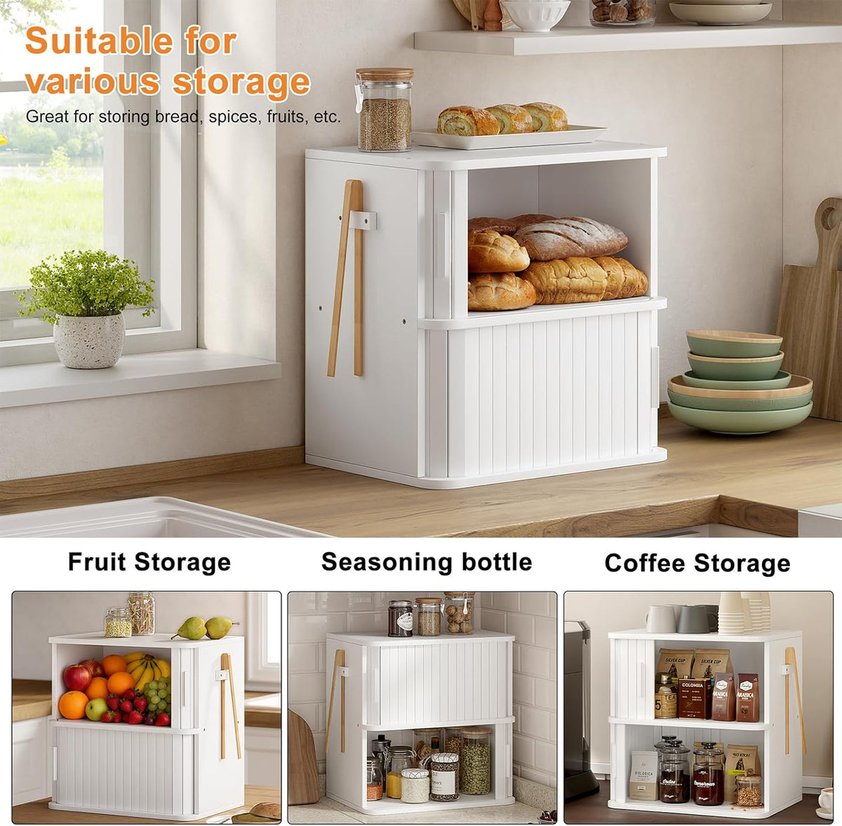 WOWLIVE Bread Box for Kitchen Countertop, Large Roll Top Bread Boxes with Sliding Door, Airtight Bread Storage Container for Loaves, Pastries & Bagels, Bamboo Counter Organizer (Natural, Medium)