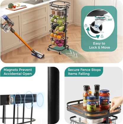 5 Tier Kitchen Fruit Vegetable Storage Cart with One-Piece Rotating Basket, Pantry Organizer Shelf Rack Floor Stand for Veggie Onion Potato Produce Spice, Rolling Snack Cart on Wheels, Black