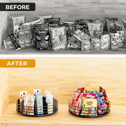 Snack Organizer - Versatile Snack Storage 2 Tier Lazy Susan with Convenient Grab-and-Go Design, Wood and Metal Snack Holder for Home, Office, Breakroom, 12.13" L x 12.13" W x 12.56" H