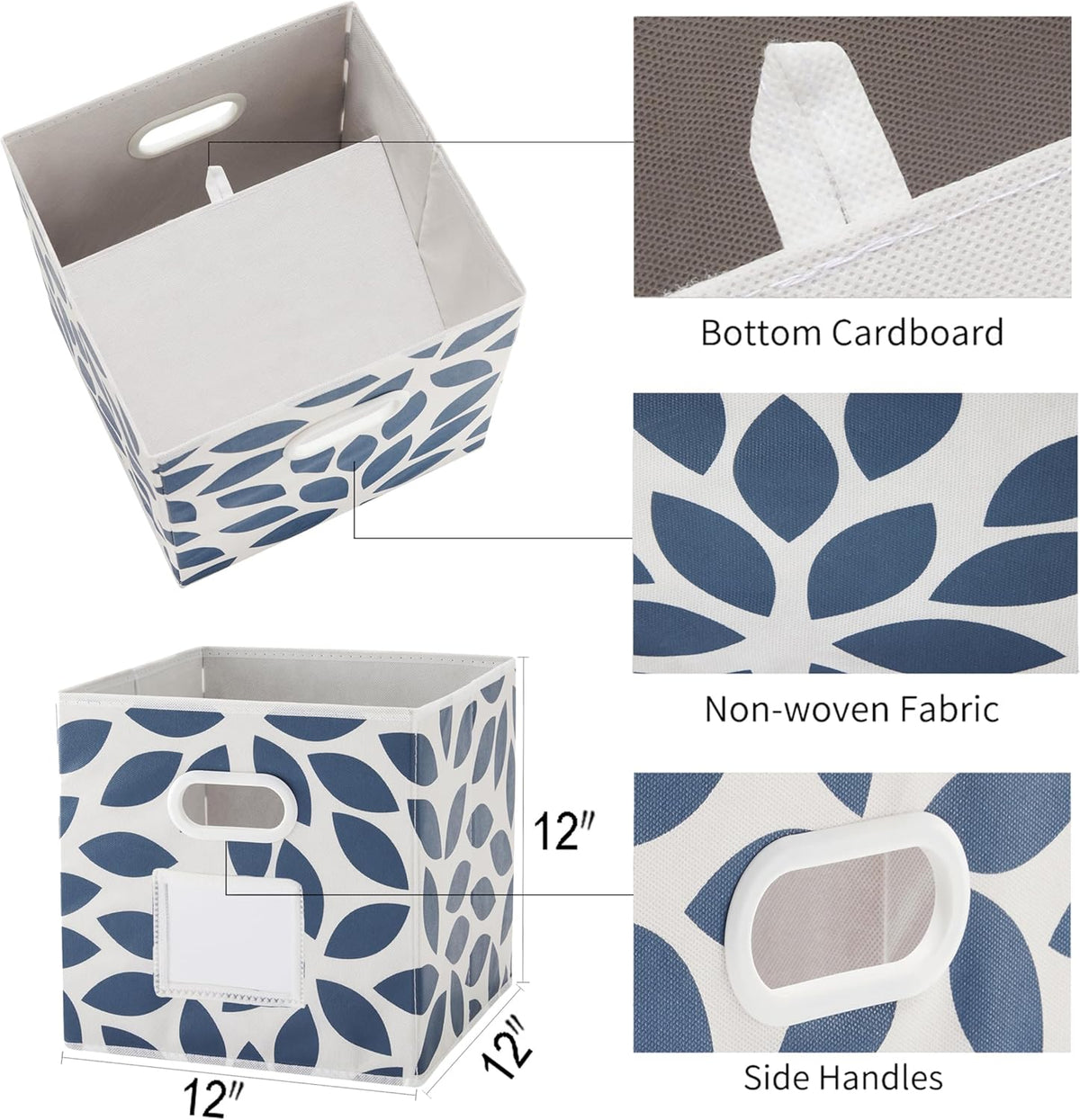MAX Houser Fabric Storage Bins Cubes Baskets Containers with Dual Plastic Handles for Home Closet Bedroom Drawers Organizers, Flodable, Blue, Set of 4