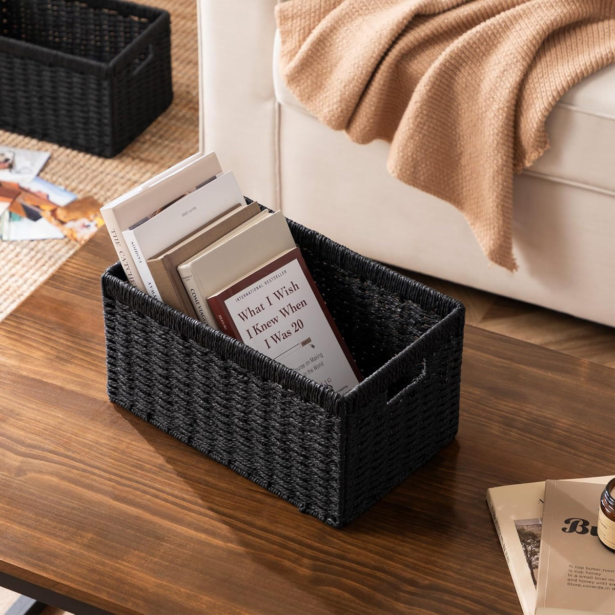 UBBCARE Wicker Basket, 13.4L×8.3H×7.1W inch Woven Paper Rope Storage Baskets for shelves, Foldable Rectangular Storage Baskets with Handle, Storage Basket for Organizing, Black