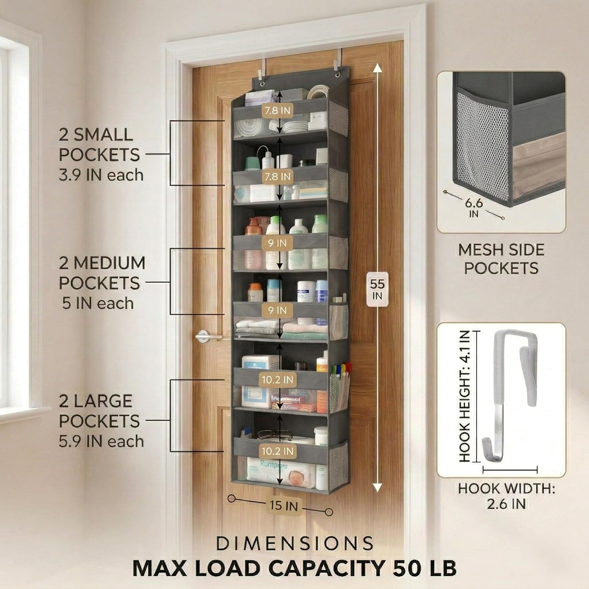 HOMELUX THEORY UPGRADED 6 Tiers Over The Door Organizer Hanging - 100D EXTRA THICK & 50lbs HUGE CAPACITY, 12 Side Mesh Pockets Over The Door Shoe Organizer, Hanging Closet Organizer (Ivory, 1pc)
