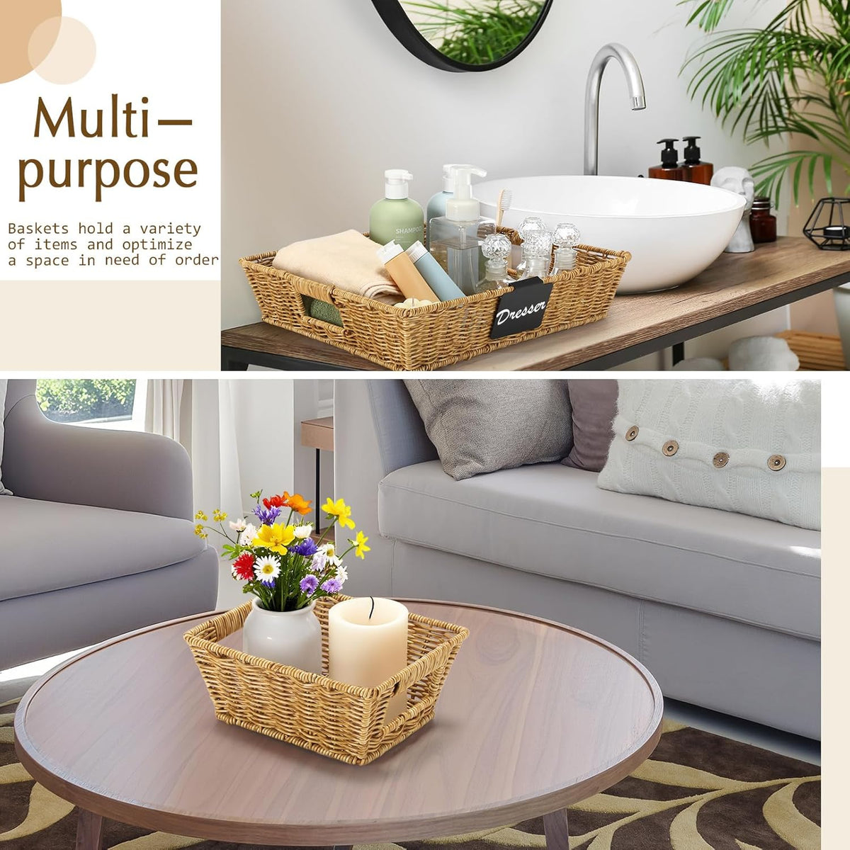 Marsui 9 Pcs Wicker Storage Baskets for Pantry Organization with Handle Labels Handwoven Multi-size Dark Brown Small Organizer Baskets Storage Bin Container for Shelves Closet Toilet Christmas Holiday