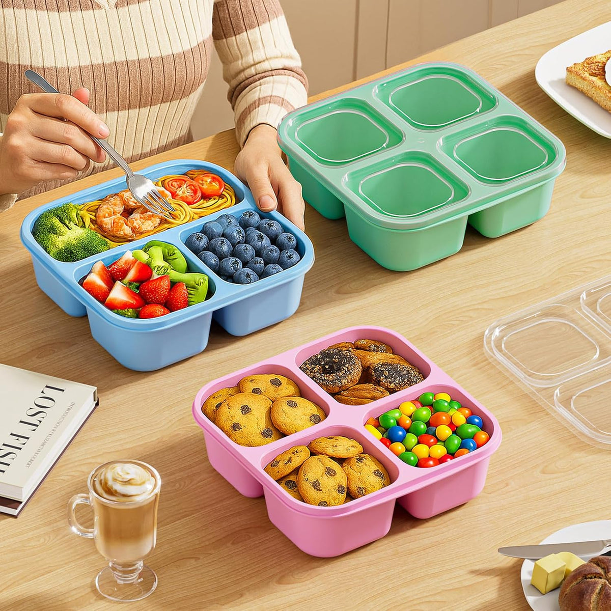 Canfanni 6 Pcs Snack Box Container Set, Reusable 3&4 Compartment Meal Prep Snack Containers for Adults Kids Toddler, BPA-Free Divided Lunchable Container for School, Work and Travel (5 Color)