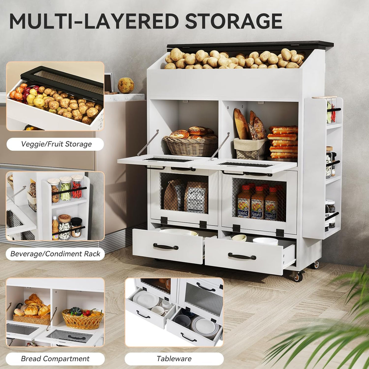 Verano Garden Potato and Onion Storage Bin on Wheels, Wood Bread Box with Lid & Mesh Doors, 4-Tier Rolling Fruit and Vegetable Storage Organizer w/Drawer & Side Rack for Kitchen (Rustic Brown, 16.0")