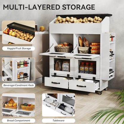 Verano Garden Potato and Onion Storage Bin on Wheels, Wood Bread Box with Lid & Mesh Doors, 4-Tier Rolling Fruit and Vegetable Storage Organizer w/Drawer & Side Rack for Kitchen (Rustic Brown, 16.0")