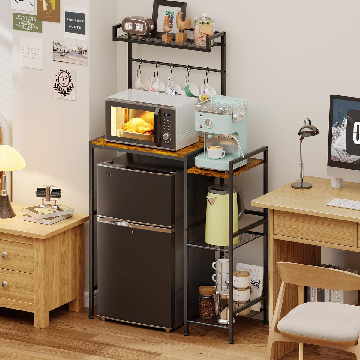 Yuyetuyo Mini Fridge Stand with Storage Shelves, Wine Cabinet, Microwave Stand, Coffee Bar, TV Stand, Bakers Rack, Beverage Refrigerator Table Adjustable for Dorm Apartment Kitchen Rustic Brown