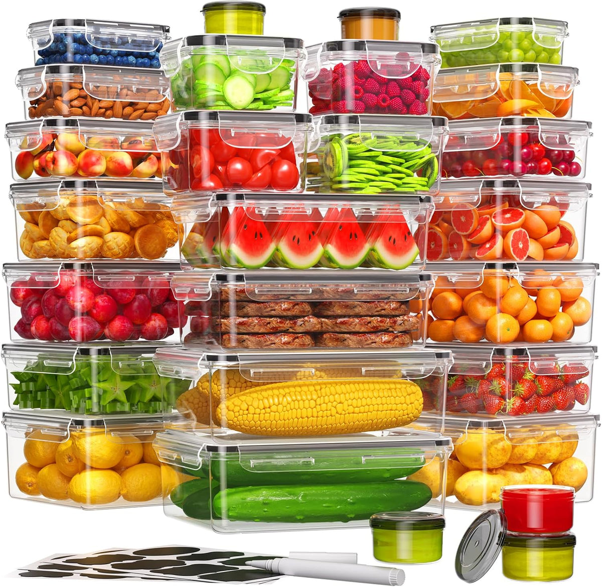 KEMETHY Food Storage Containers with Lids(18 Container & 18 Lid), Plastic Food Containers for Pantry & Kitchen Storage and Organization, BPA-Free, Leak Proof, Reusable with Labels & Pen