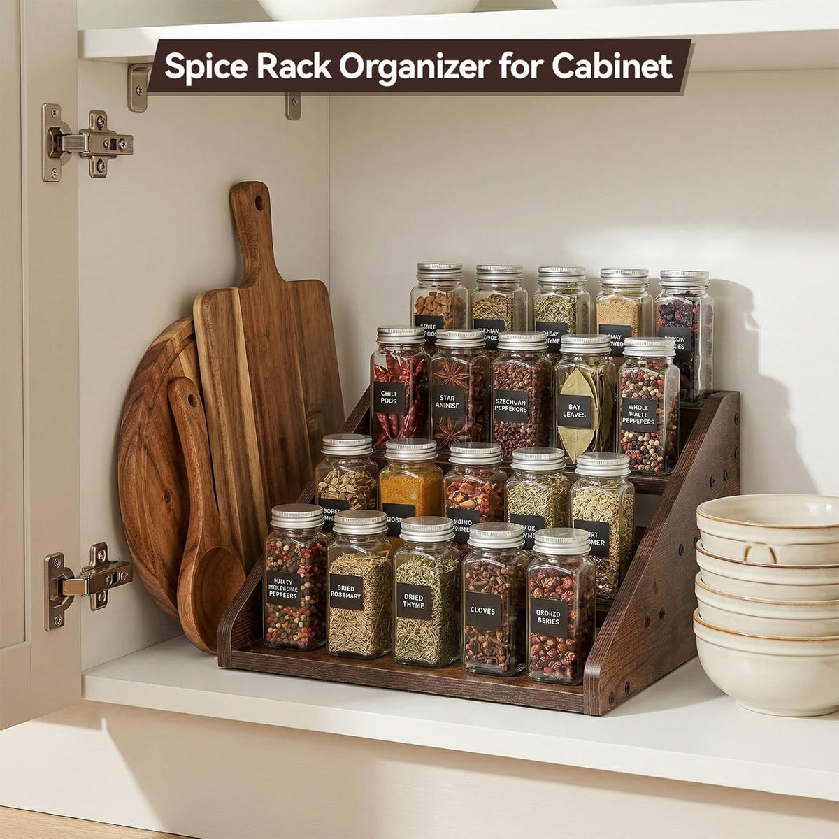 Wood 4 Tier Spice Rack, 13 x 10 x 6.5 Inch Wooden Tiered Spice Rack Rustic Wood Condiment Jar Display Riser Shelf for Countertop, Cabinet, Kitchen Organization (Dark Brown)