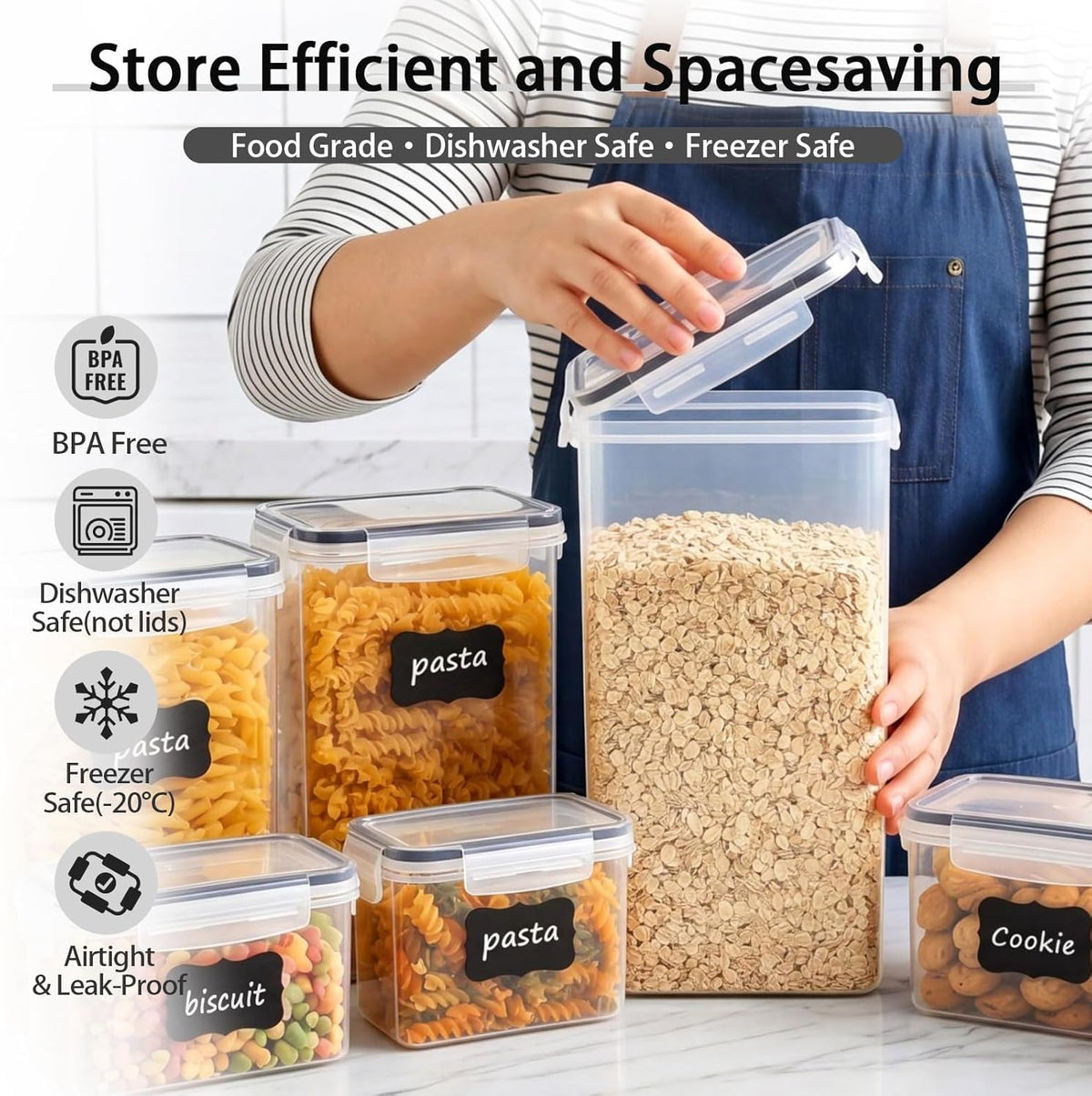 Airtight Food Storage Containers with Lids, BPA Free Clear Plastic Kitchen and Pantry Organization and Storage Set for Flour, Sugar, Cereal, Pasta, Includes 7 Labels and Marker