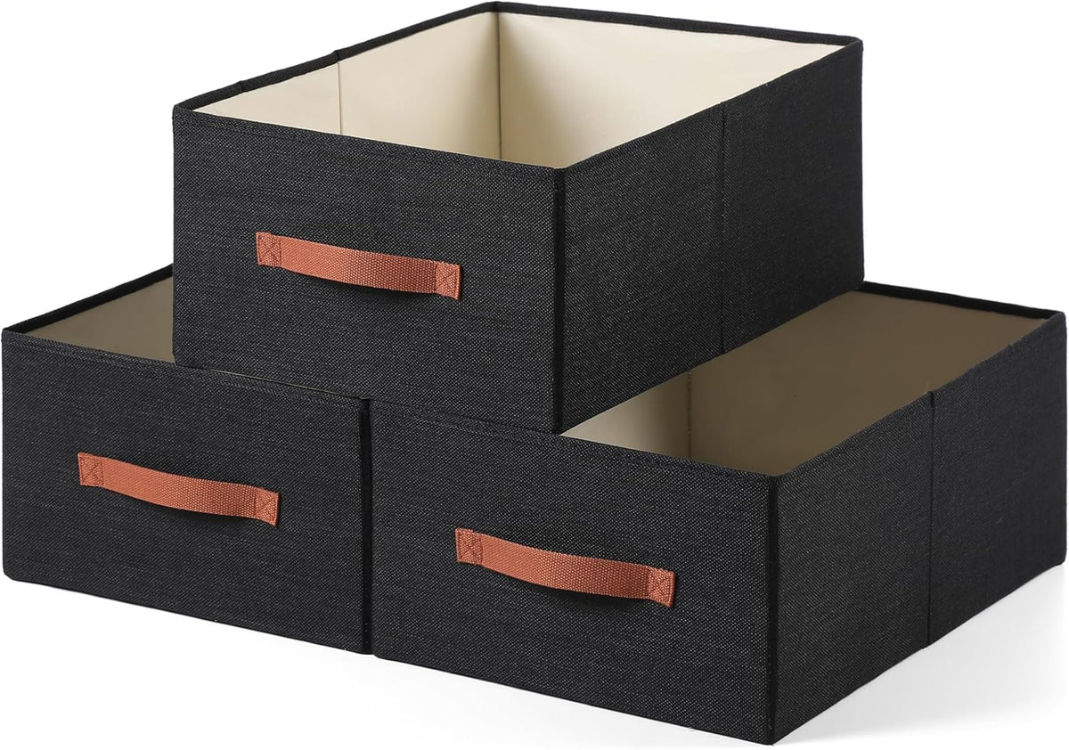 Linen Folding Storage Bins, 3 Pack Large Storage Baskets, Washable, Clothing Storage Bins with Handle, Closet Organizer for Storage Sweater,Sheets(Beige, 18½"x11 x8½)
