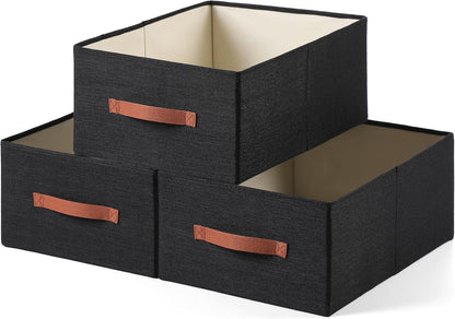 Linen Folding Storage Bins, 3 Pack Large Storage Baskets, Washable, Clothing Storage Bins with Handle, Closet Organizer for Storage Sweater,Sheets(Beige, 18½"x11 x8½)