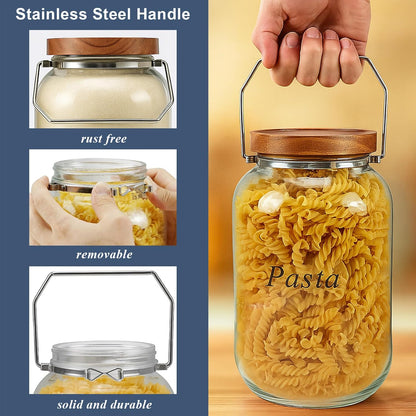 2 Pack Glass Flour Sugar Storage Containers with Handle, 1 Gallon Glass Jars with Airtight Lid, Wide Mouth Large Mason Jars 128oz for Rice, Pasta, Oats, Coffee Storage