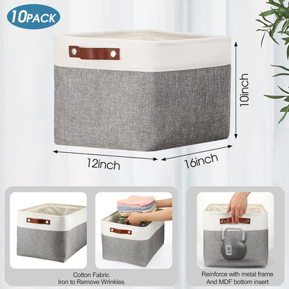 Uiifan 10 Pcs Collapsible Storage Bins Fabric Foldable Storage Basket with Handles Cloth Organizer Linen Shelf Baskets for Shelves Home Closet Nursery Toys(16 x 12 x 10 Inch,Gray and White)