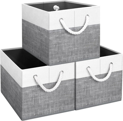 Fab totes Storage Bins, Foldable Storage Baskets for Organizing Toys, Books, Shelves, Closet, Large Storage Box with Rope Handles, Sturdy Organizer Bins, White & Grey