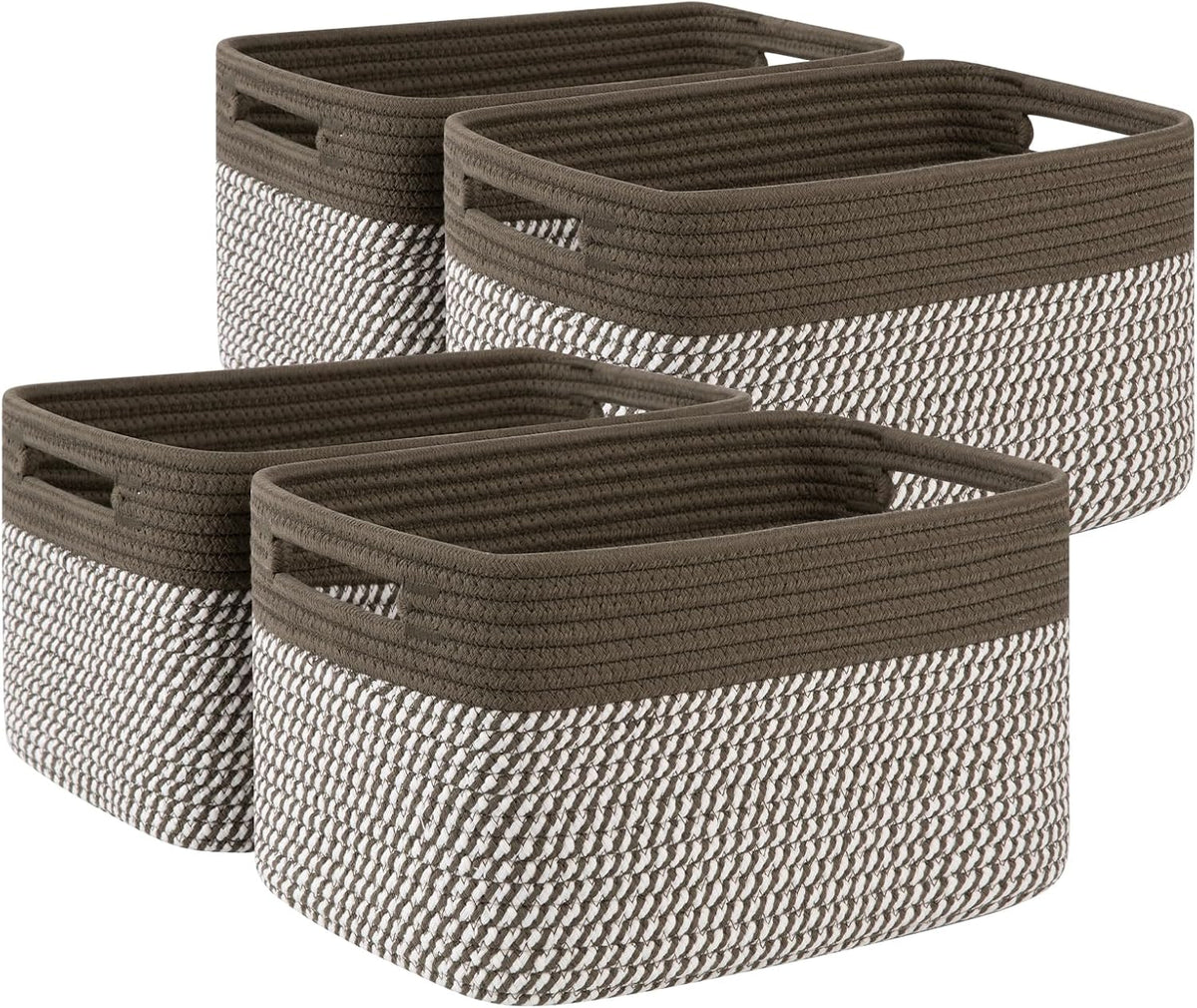 4 Pack Storage Baskets for Organizing, Woven Baskets for Shelves - Perfect for Toys, Books, Towels, and Clothes, Durable Gift Basket Bins Toy Storage, 12.7''Lx9''Wx7.8''H, Brown & White