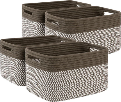 4 Pack Storage Baskets for Organizing, Woven Baskets for Shelves - Perfect for Toys, Books, Towels, and Clothes, Durable Gift Basket Bins Toy Storage, 12.7''Lx9''Wx7.8''H, Brown & White