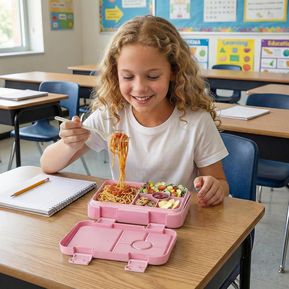 Bento Lunch Box for Kids, 6 Compartments BPA Free, Dishwasher Safe Back to School Snack Bento Lunch Containers Boxes, Ideal Portion Sizes for On-the-Go Meal, Ages 3+, School, Green Patterned