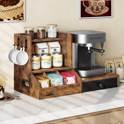 HOOBRO Coffee Mug Tree, Coffee Mug Cup Holder with Drawer for 25K-Cup Pods, Mug Display Stand with 2 Hooks, 3 Tier Mug Stand Rack for Countertop, Holds Syrup, Tea Bags, Rustic Brown and Black BF05CR01
