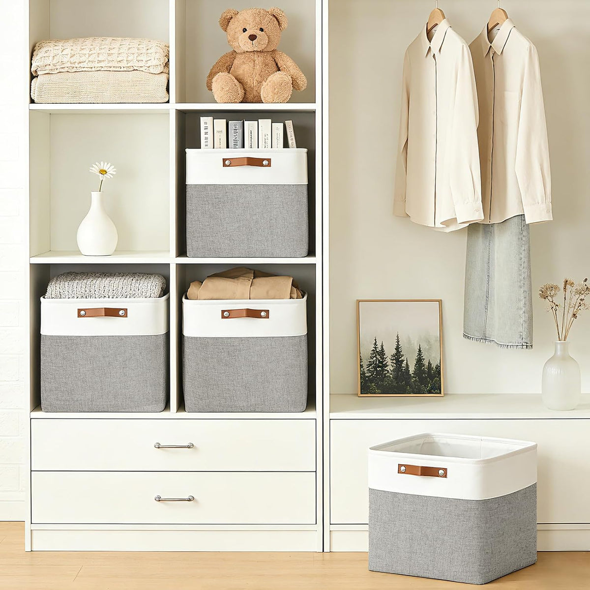 Bagnizer Large Fabric Storage Baskets | 50L Storage Bins, Decorative Linen Closet Baskets with Handles for Organizing, Shelf, Toys, Clothes, Home, Office, Nursery, 17x12x15Inches (Grey&White)