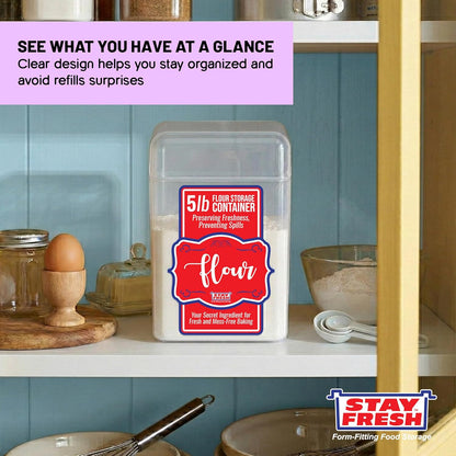 Stay Fresh Clear Storage Container - BPA Free Plastic Canister for Kitchen Pantry, Baking Needs - Holds 5LB Bag - Large Form-Fitting Food Keeper Bin - Food Holder (Flour)