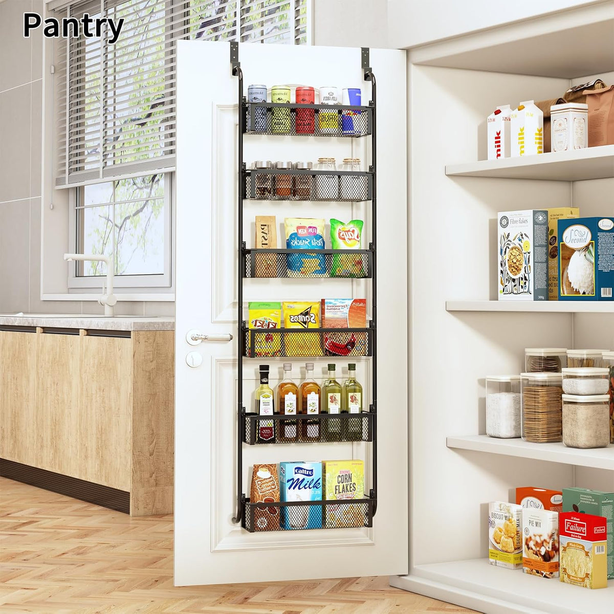 Over the Door Pantry Organizer, 6-Tier Pantry Door Organization and Storage, Over the Door Spice Rack, Home & Kitchen Storage Shelves for Cabinet, Black