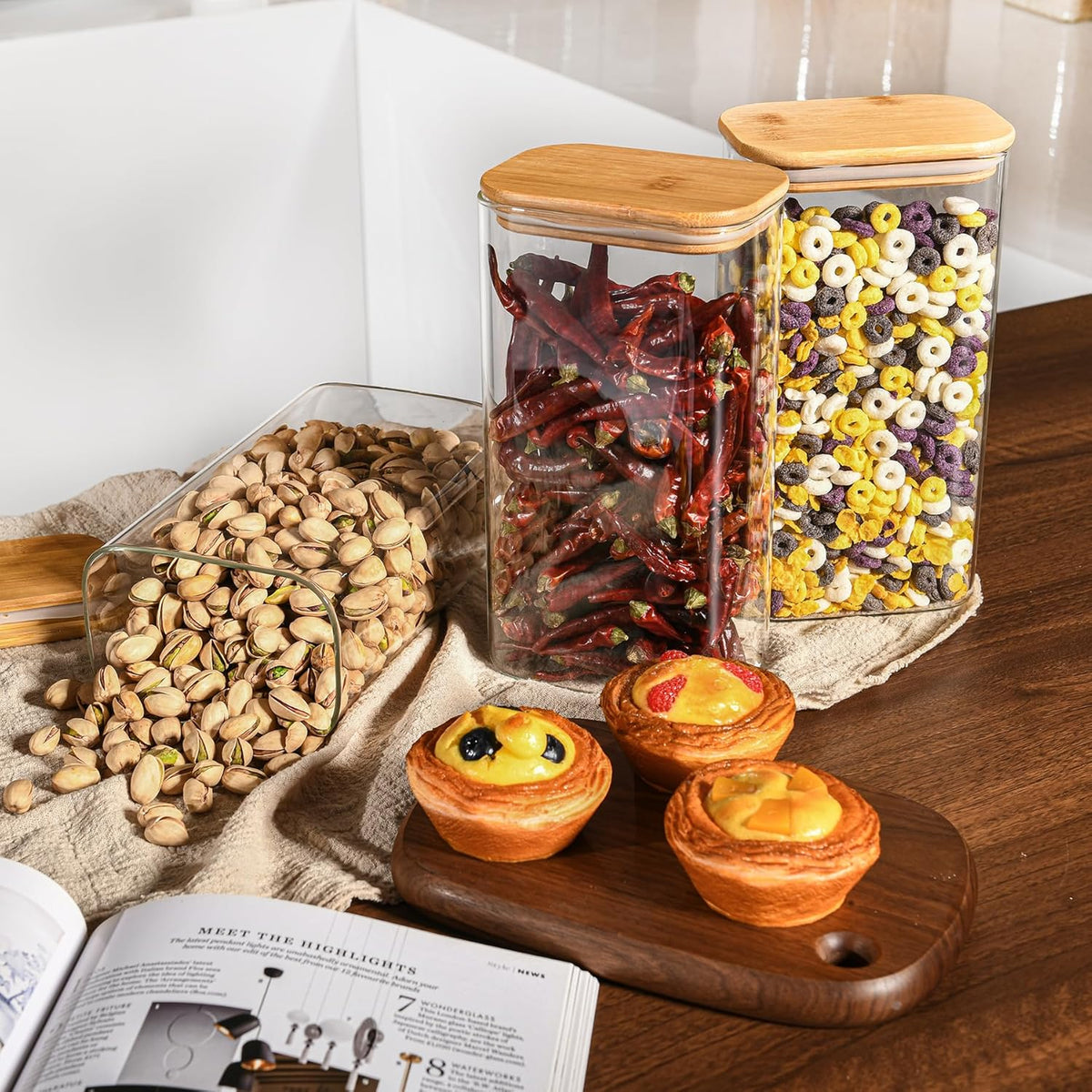 D2scrma 37oz Rectangle Airtight Glass Storage Containers with Bamboo Lids (Set of 6), Square Food Storage Jar, Pantry Organizers for Cereal, Nuts, Snacks and Coffee beans (‎with Black Lable)