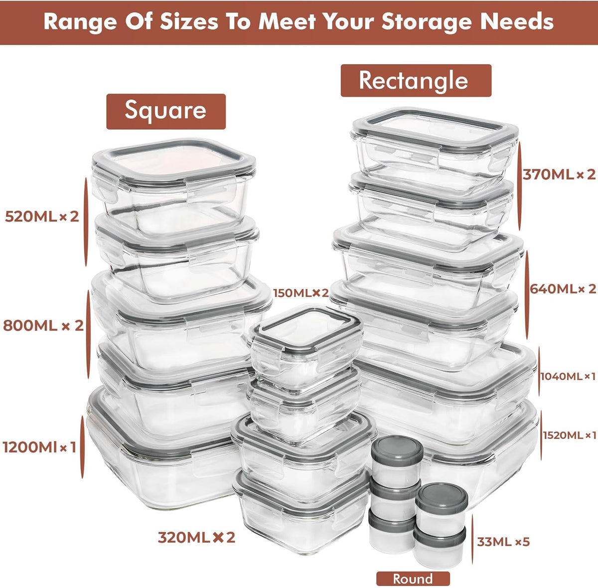 Razab 35 Pc Set Glass Food Storage Containers with Lids - Meal Prep Airtight Bento Boxes BPA-Free 100% Leak Proof (15 lids,15 glass & 5 Plastic Sauce/Dip Containers)
