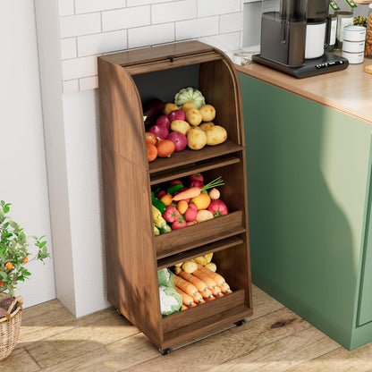 4 Tier Narrow Potato Storage Bin, Tall Wood Potato and Onion Storage Bin with Wheel, Movable Fruit and Vegetable Basket, Food Small Kitchen Pantry Cabinet, Wooden Bread Box, Walnut, Sliding Door
