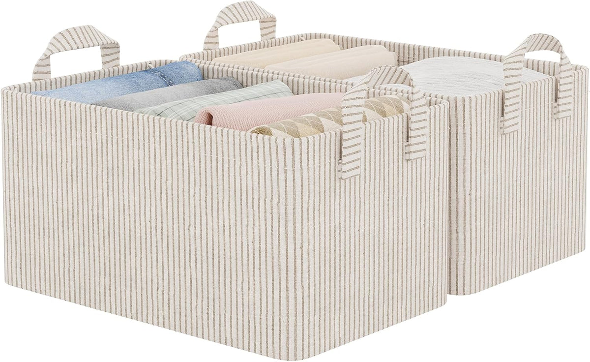 StorageWorks Storage Bins, Shelves Baskets for Organizing, Fabric Closet Organizers with Handles, Metal Frame, Beige-Cotton-linen, 2-Pack