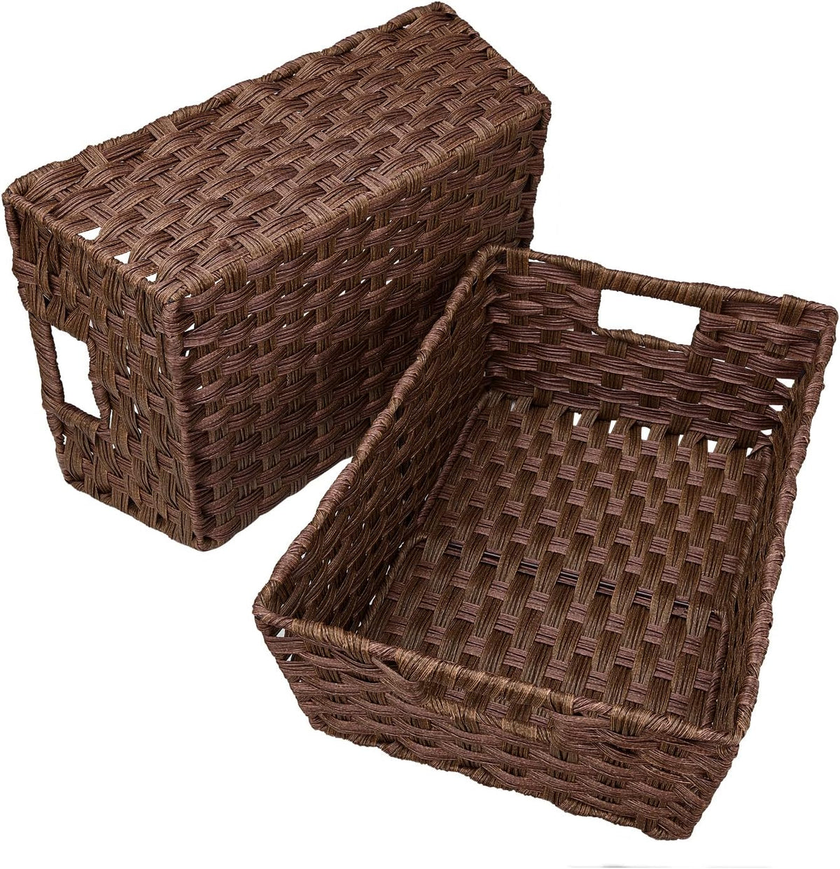 Onlytak Large Wicker Storage Basket, Metal Frame, Set of 2, Washable Waterproof, 15" x 10.3" x 5.2", Brown Color, Woven Basket for Pantry, Toilet, Bathroom, Bedroom, Patio