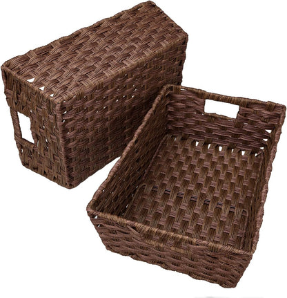 Onlytak Large Wicker Storage Basket, Metal Frame, Set of 2, Washable Waterproof, 15" x 10.3" x 5.2", Brown Color, Woven Basket for Pantry, Toilet, Bathroom, Bedroom, Patio