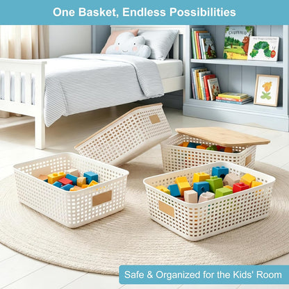 Bagnizer Small Plastic Storage Bins with Bamboo Lids 5.2qt Stackable Box Basket Pantry Decorative Containers Cute with Labels for Organizing Desktop Closet Office Cream White of 10*7.2*4.1"