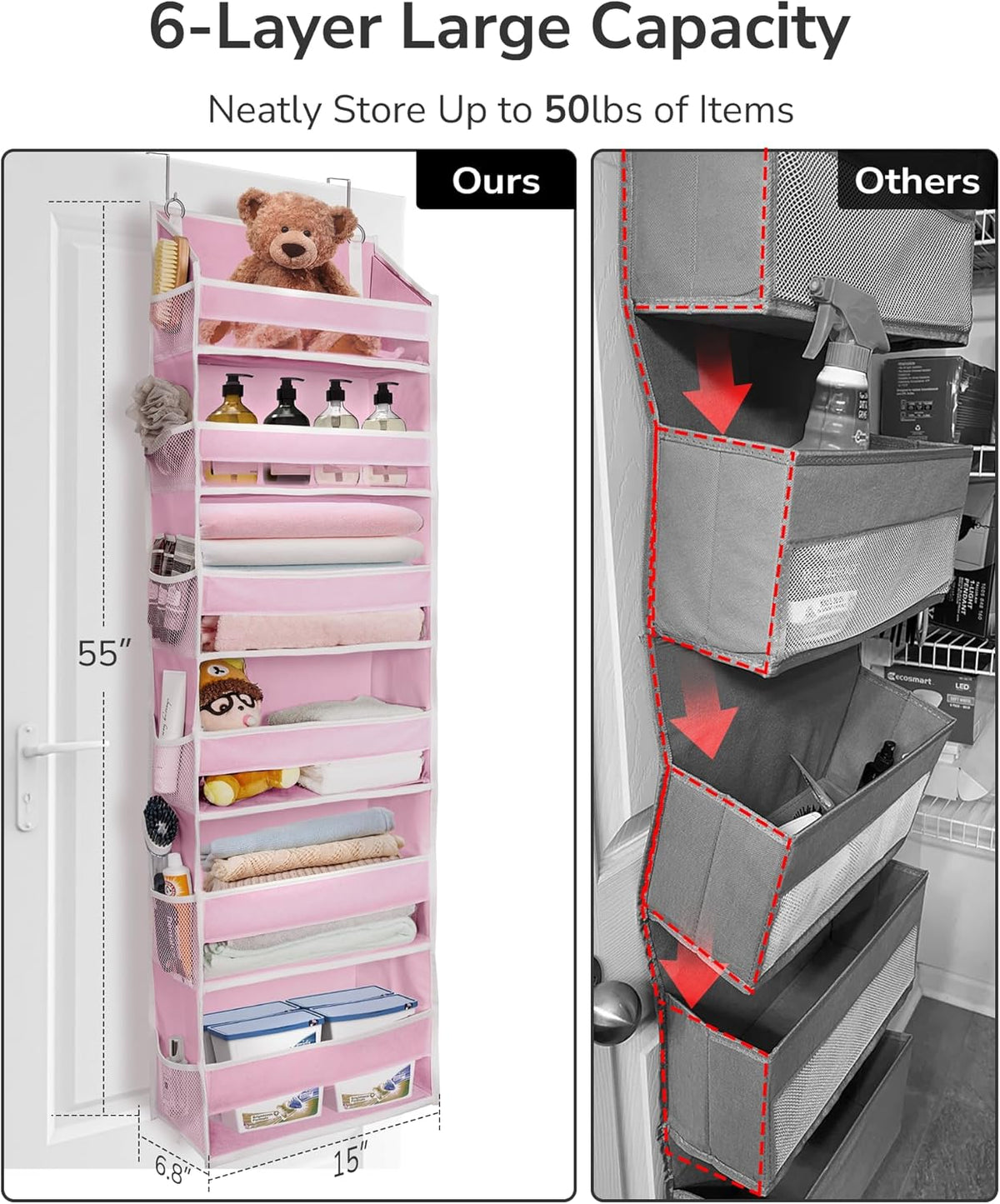 ULG Over The Door Organizer with 6 Large Pockets 12 Side Pockets, 50lbs Weight Capacity Door Hanging Organizer for Bedroom, Bathroom, Pantry, Nursery Storage, Beige