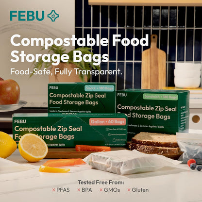 FEBU Compostable Food Storage Bags Variety Pack, 260 Count | Compostable & Biodegradable | PFAS & BPA Free | Drawer Organizer Box | 90 Snack, 90 Sandwich, 50 Quart, 30 Gallon
