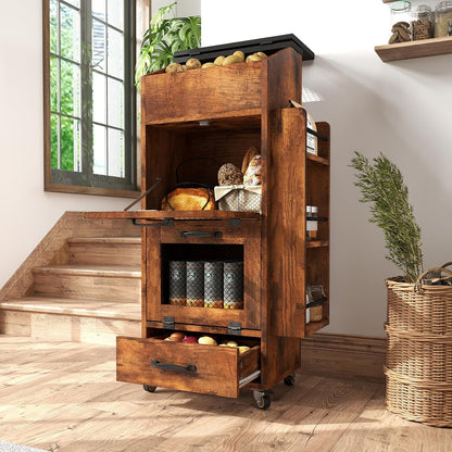 Verano Garden Potato and Onion Storage Bin on Wheels, Wood Bread Box with Lid & Mesh Doors, 4-Tier Rolling Fruit and Vegetable Storage Organizer w/Drawer & Side Rack for Kitchen (Rustic Brown, 16.0")