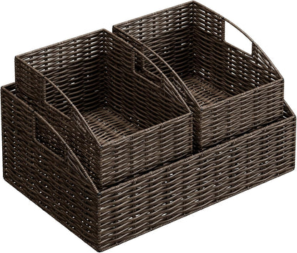Rattan Storage Baskets, Handwoven Wicker Storage Bins with Built-in Handles, Storage Container Baskets for Shelves, Bedroom, Bathroom, Laundry Room or Kitchen(Natural)