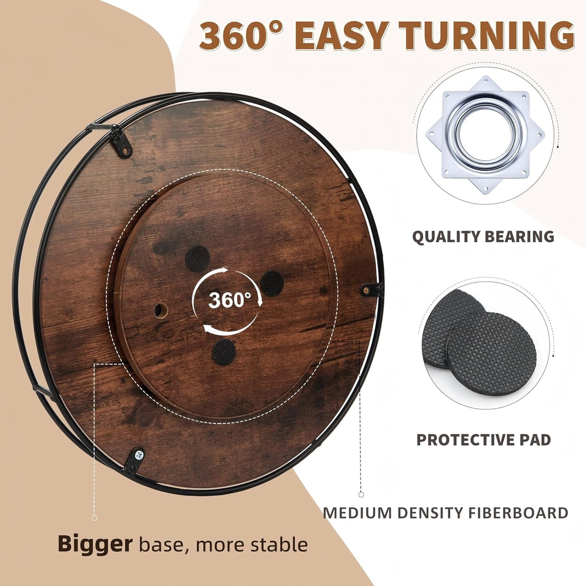 9" Acacia Wood Lazy Susan Turntable, Tomoaza Kitchen Organizer Turntable with Steel Sides, 360 Degree Lazy Susan for Countertop Cabinet or Dining Table