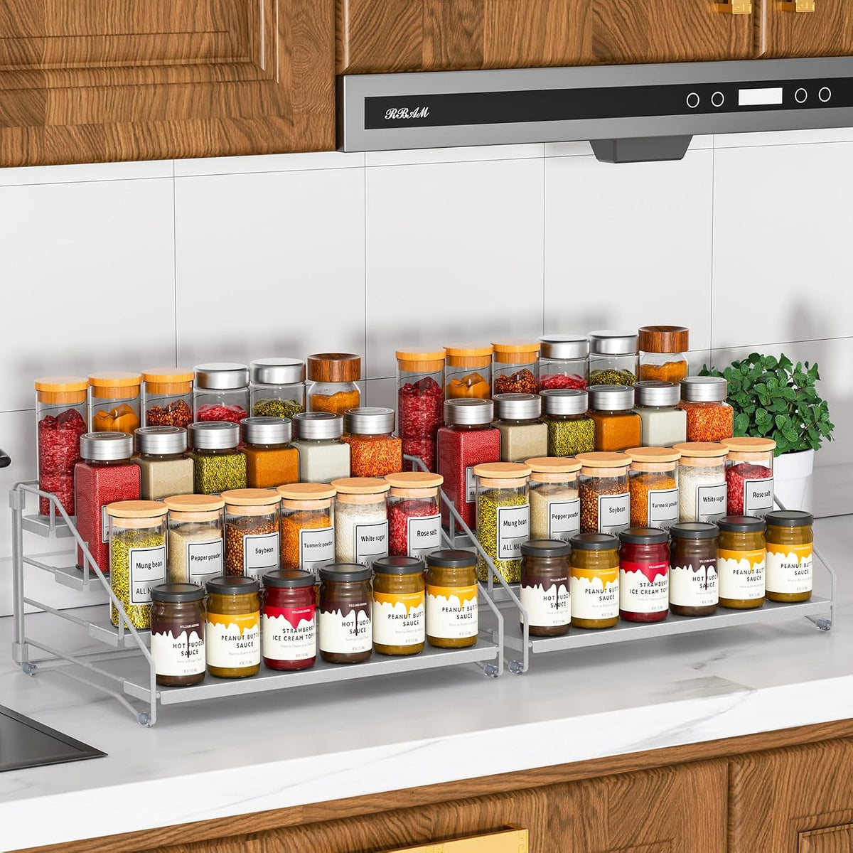 RCHYFEED Spice Rack Organizer for Cabinet Pantry,4 Tier Spice Rack Countertop, Depth Adjustable Spice Organization for Cabinet,Tierd Seasoning Organizer for Cabinet(Black) | for Cabinet Pantry