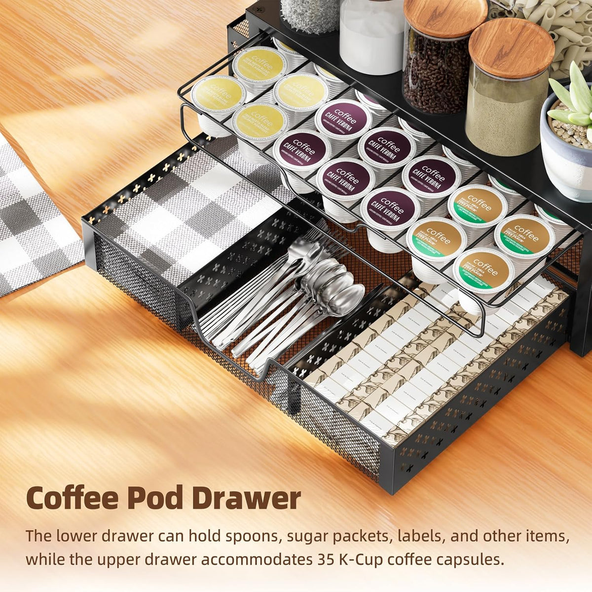 Ekisemio K Cup Organizer, Coffee Pod Holder for Counter with 2 Tier Sliding Storage Drawer & Hanging Baskets, Holds 63 Large or 80 Small Capsules for Coffee Bar, Black