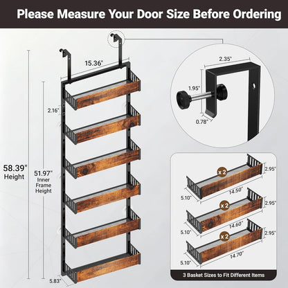 6-Tier Over the Door Pantry Organizer, 2-in-1 Door Hanging or Wall Mounted Spice Rack, Space Saving Metal Storage Shelves with Adjustable Baskets for Kitchen, Closet, Bathroom