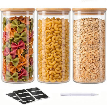 SENTVEND 37 Oz Glass Storage Jars with Bamboo Lids - 6 Pack Clear Glass Canisters Square Airtight Stackable Ideal for Pantry Storage Containers Organizers Great for Storing Oats Coffee Beans Nuts etc