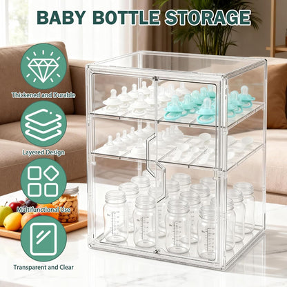 Baby Bottle Organizer, 3-Tier Bottle Storage for Countertop with Double Magnetic Doors, Clear Plastic Bottle Station Organizer Mom Gifts with 2 Dividers for Kitchen, Bathroom, Cabinet, Vanity