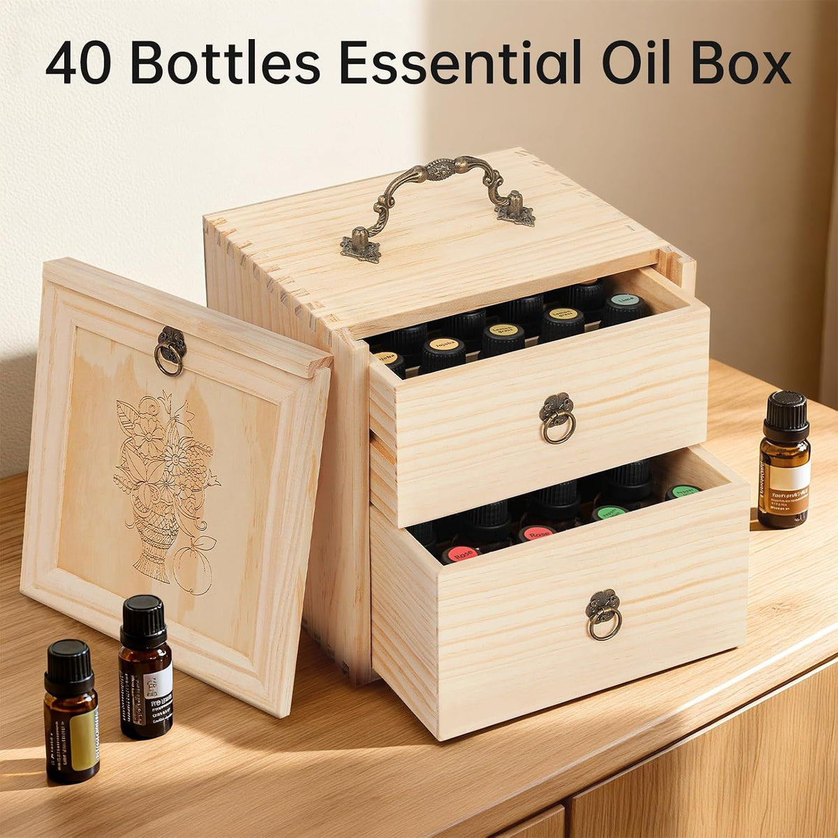 TORIBIO Essential Oil Storage Box for 60 Bottles, Wooden Essential Oils Holder Organizer Holds 5-30ml for Young Living & Doterra Bottles