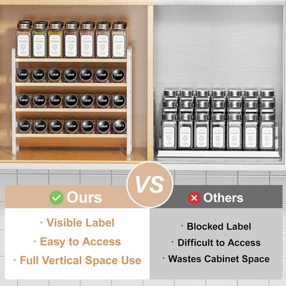 MUDEELA 4 Tier Spice Rack Organizer for Cabinet,Wooden Vertical Spice Shelf, Seasoning Organizer for Countertop, Kitchen, Pantry, Freestanding, 13.4" W × 11.2" H (No Jars Included), White